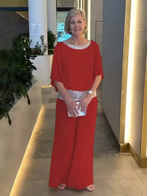 Ensemble de Soirée Chic : Top Brillant et Pantalons Palazzo