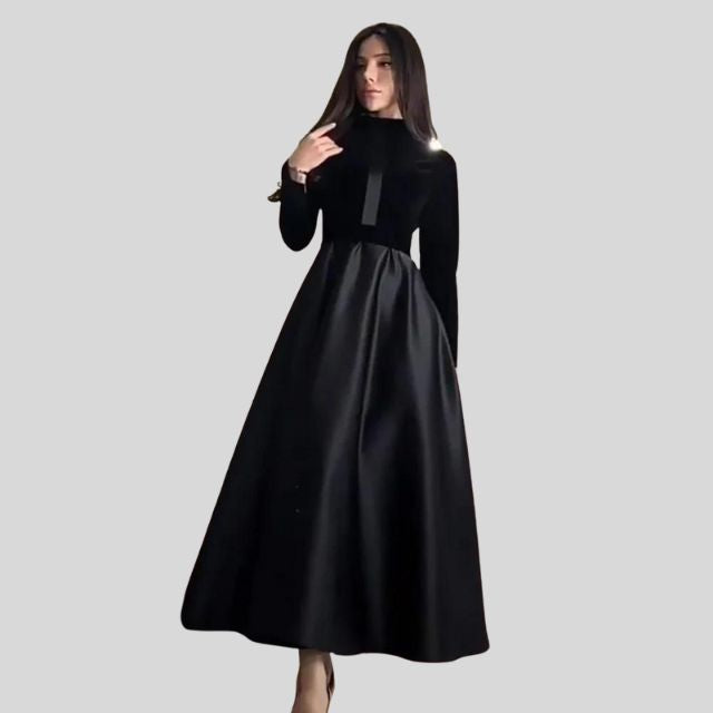 Robe Chic en Velours à Col Montant et Jupe Évasée