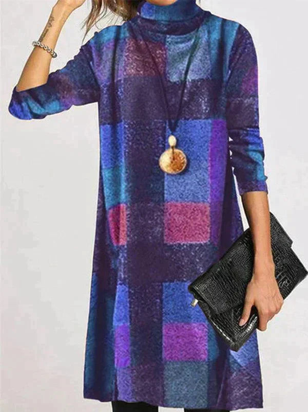 Robe Chic à Motif Carreaux avec Col Montant pour Femmes