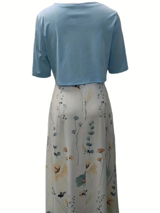 Ensemble Chic de Robe Fleurie à Deux Pièces avec Haut Court Uni et Col Ronde
