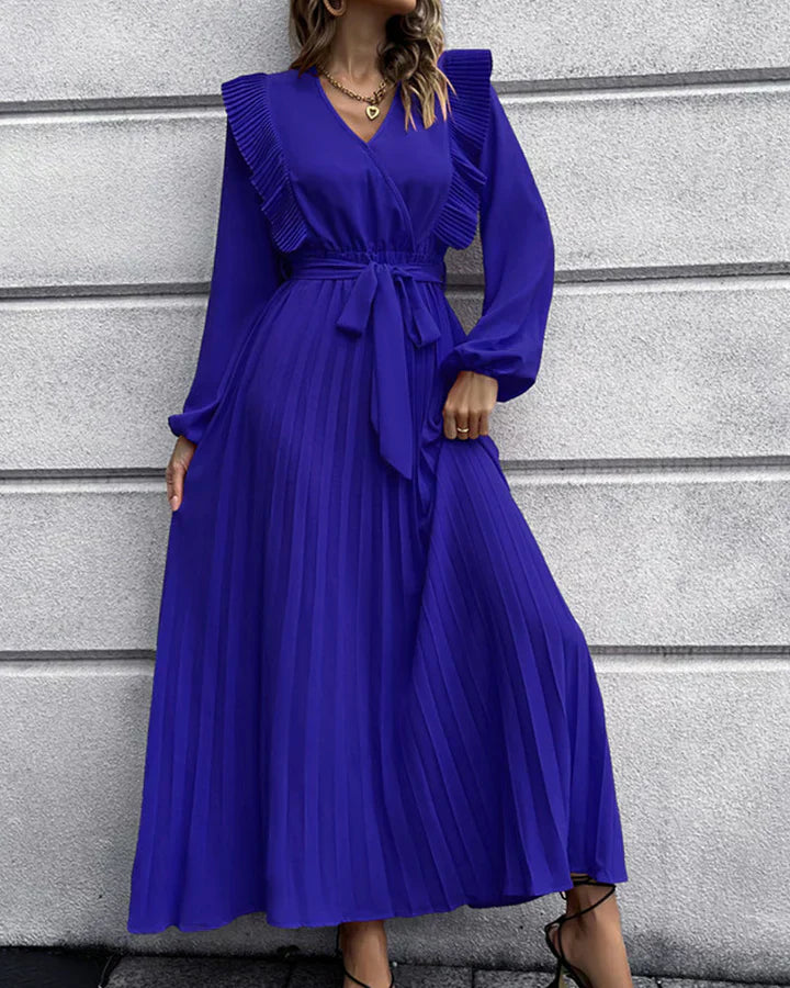 Robe Maxi Élégante Plissée avec Col V - Idéale pour Toutes les Occasions