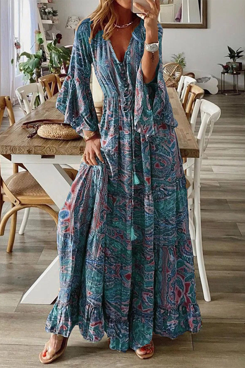 Robe Bohème à Col V avec Manches Évasées en Trompette