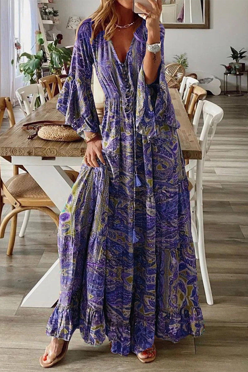 Robe Bohème à Col V avec Manches Évasées en Trompette