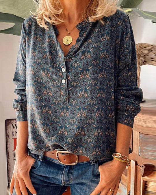 Blouse Vintage à Manches Longues avec Motif Rétro
