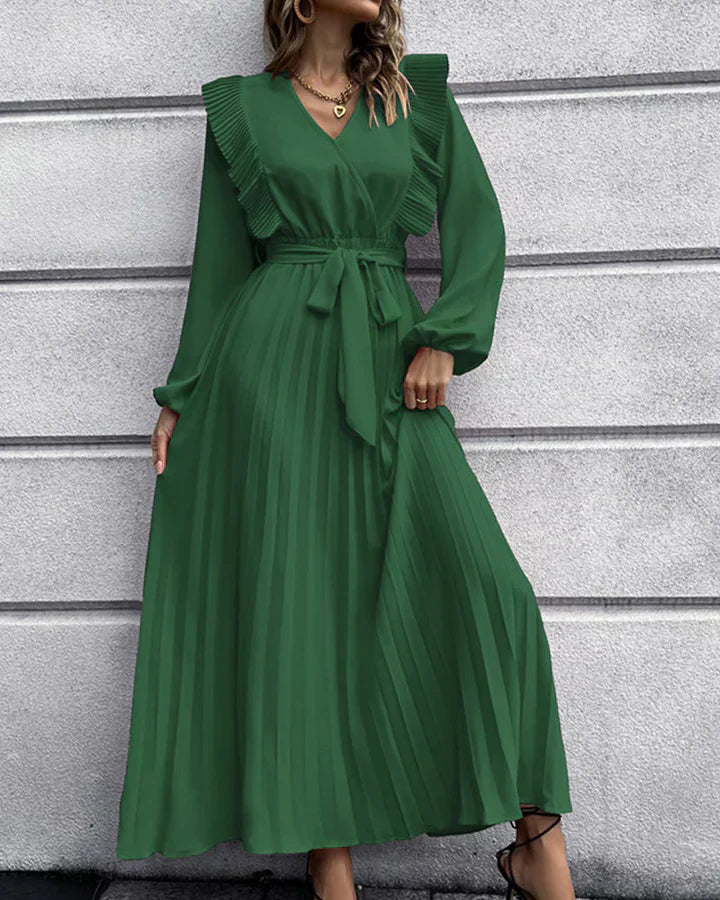 Robe Maxi Élégante Plissée avec Col V - Idéale pour Toutes les Occasions
