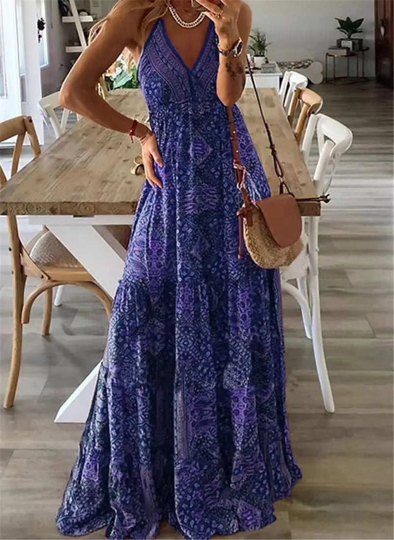Robe maxi bohème à fleurs taille haute pour femmes