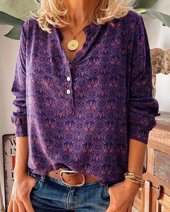 Blouse Vintage à Manches Longues avec Motif Rétro