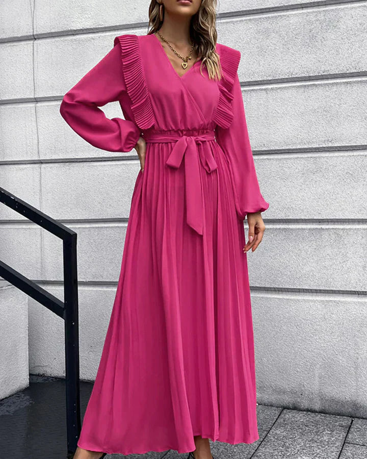 Robe Maxi Élégante Plissée avec Col V - Idéale pour Toutes les Occasions