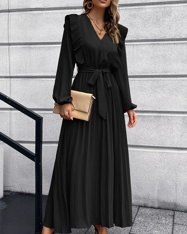 Robe Maxi Élégante Plissée avec Col V - Idéale pour Toutes les Occasions