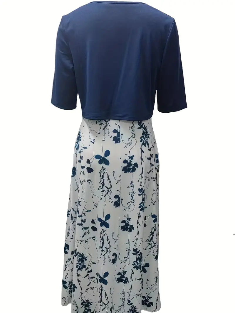 Ensemble Chic de Robe Fleurie à Deux Pièces avec Haut Court Uni et Col Ronde