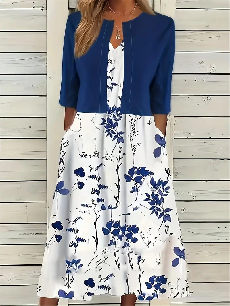 Ensemble Chic de Robe Fleurie à Deux Pièces avec Haut Court Uni et Col Ronde