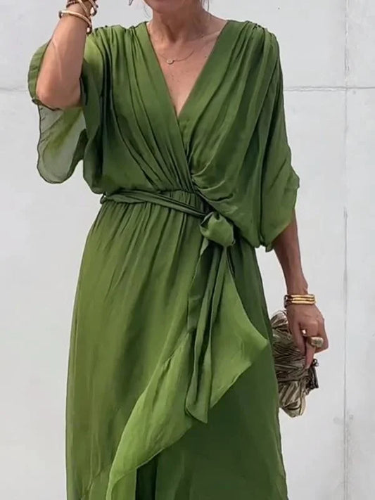 Robe d'Été en Chiffon Verte pour Femmes avec Décolleté en V