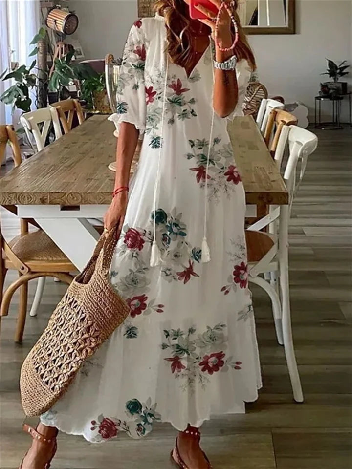 Robe Maxi Élégante avec Imprimé Floral en V
