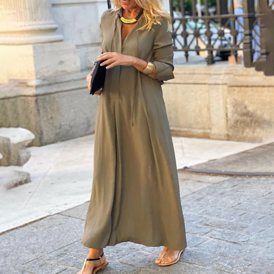 Robe Maxi Élégante à V-Neck d'Été avec Manches Longues au Coudes