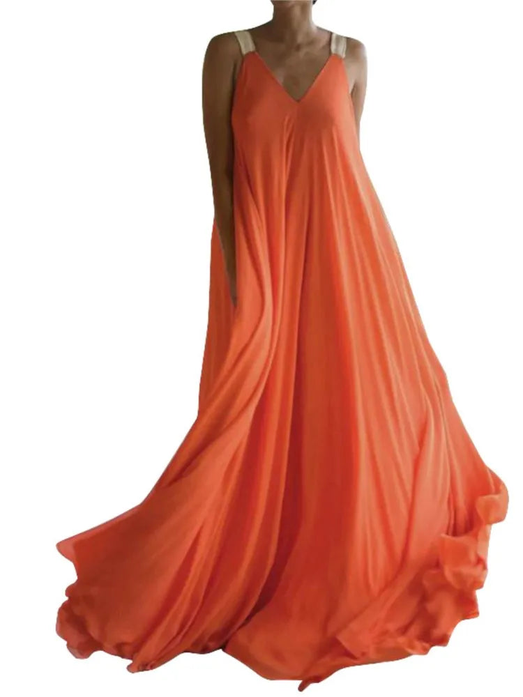 Chloë - Robe maxi sans manches à décolleté en V pour femmes, style boho uni, coupe décontractée estivale