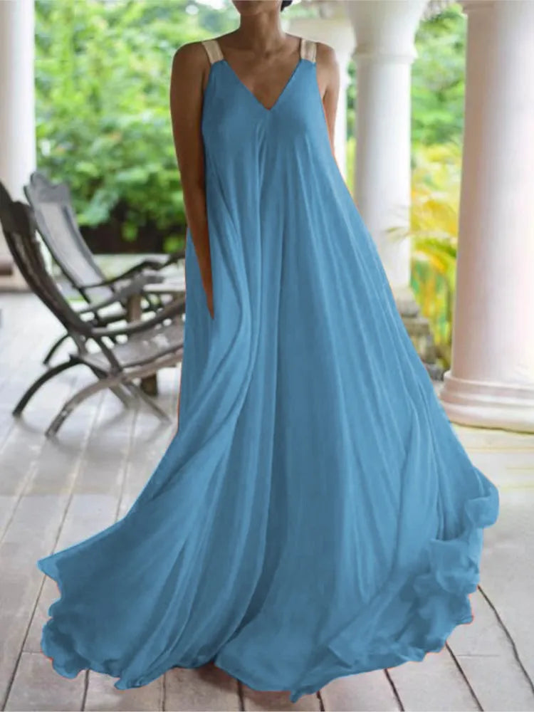 Chloë - Robe maxi sans manches à décolleté en V pour femmes, style boho uni, coupe décontractée estivale