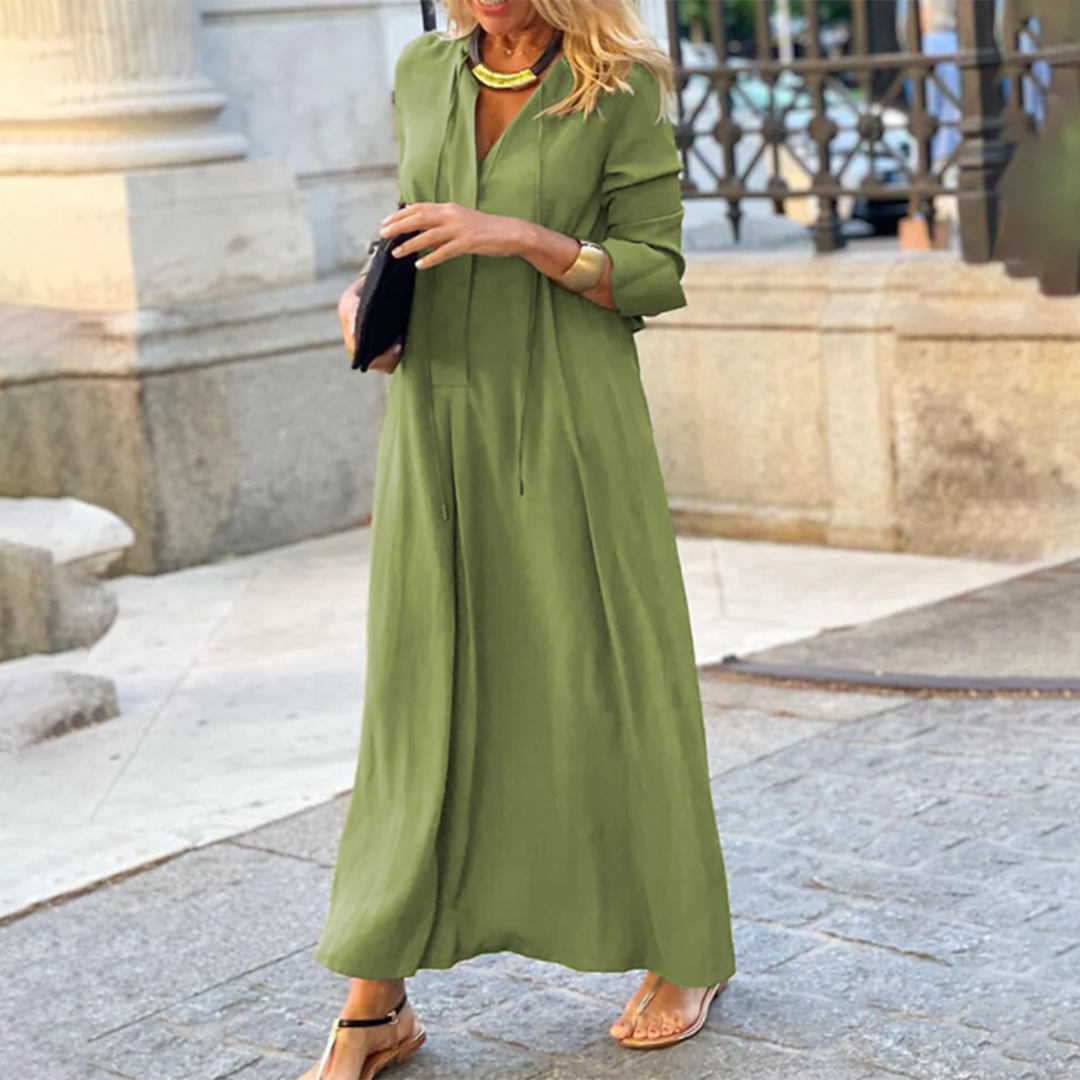 Robe Maxi Élégante à V-Neck d'Été avec Manches Longues au Coudes