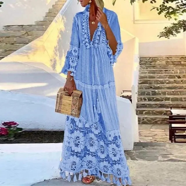 Maxi Robe en Dentelle avec Franges Style Boho Chic