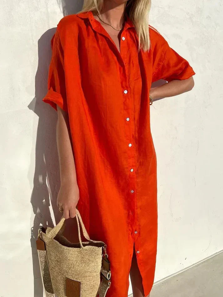 Robe décontractée élégante pour femmes en coton et lin, avec manches larges et détails en boutons