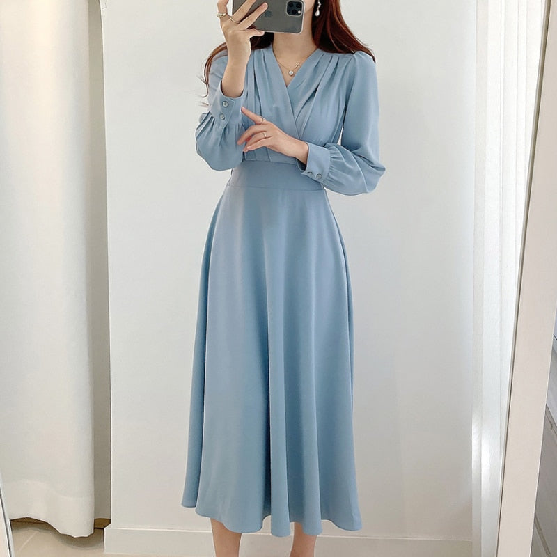 Robe Chic Évasée à Décolleté en V et Manches Bouffantes