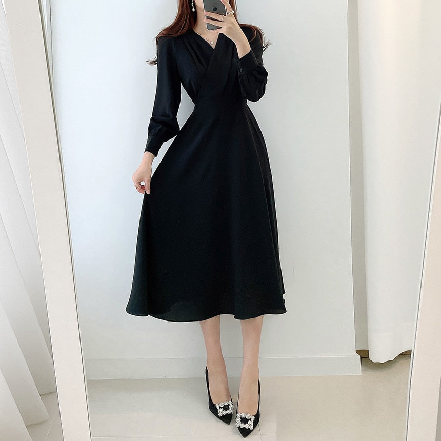 Robe Chic Évasée à Décolleté en V et Manches Bouffantes