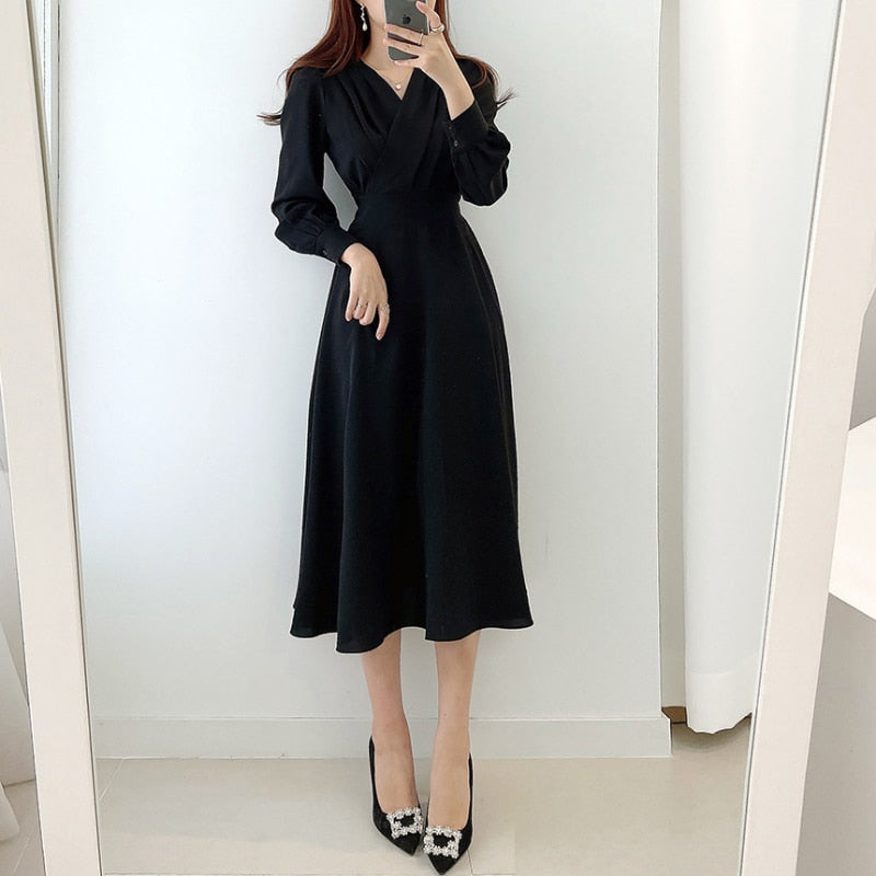 Robe Chic Évasée à Décolleté en V et Manches Bouffantes