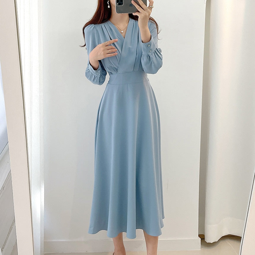 Robe Chic Évasée à Décolleté en V et Manches Bouffantes