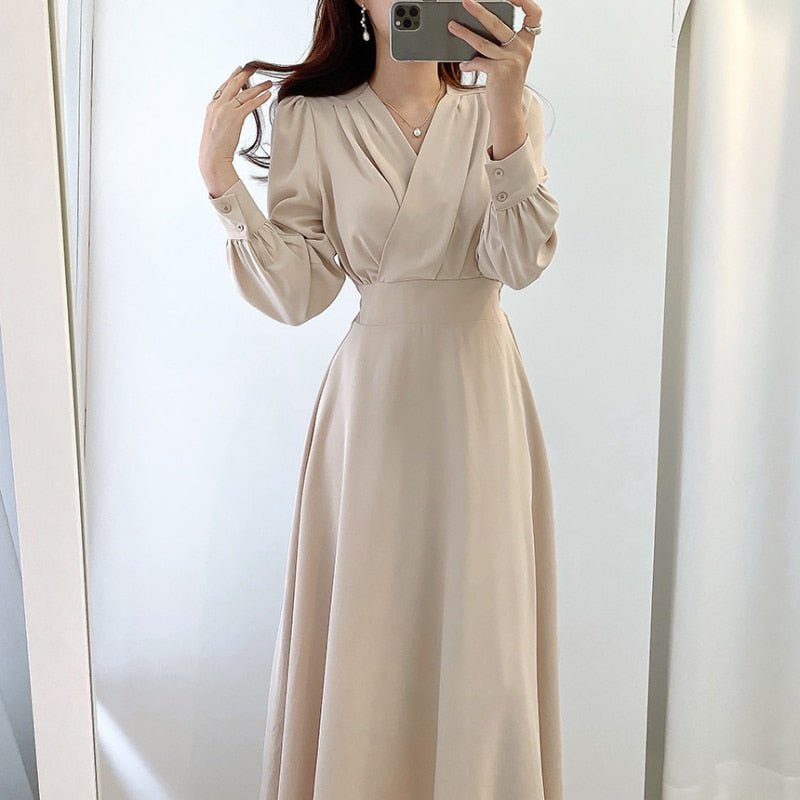 Robe Chic Évasée à Décolleté en V et Manches Bouffantes