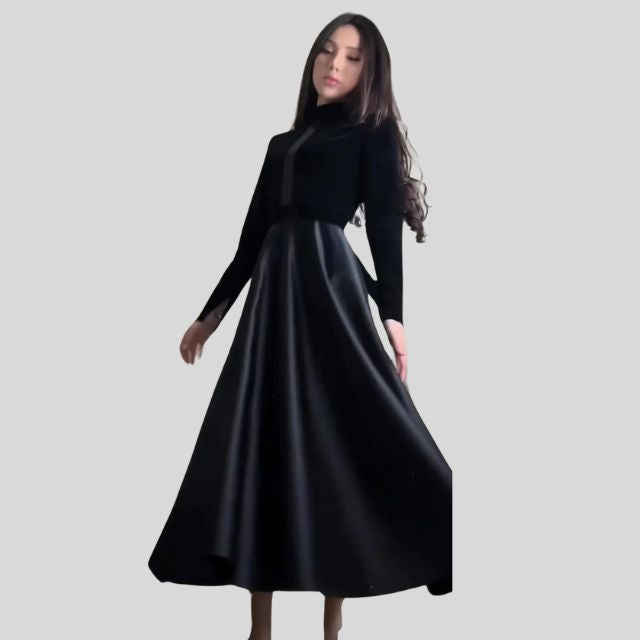 Robe Chic en Velours à Col Montant et Jupe Évasée