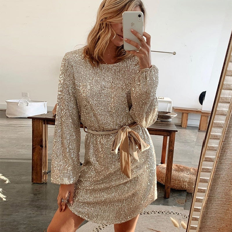 Robe de Soirée Chic en Paillettes Beiges pour Événements Spéciaux