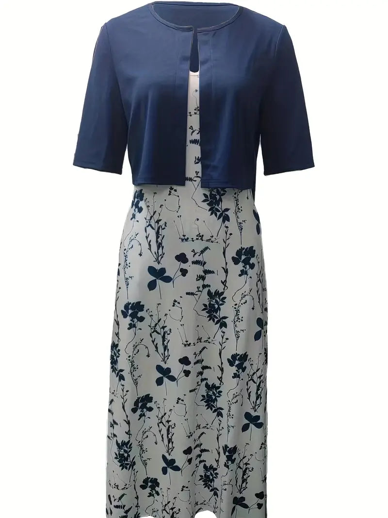 Ensemble Chic de Robe Fleurie à Deux Pièces avec Haut Court Uni et Col Ronde