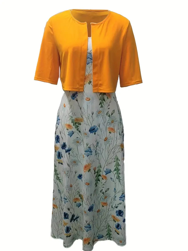 Ensemble Chic de Robe Fleurie à Deux Pièces avec Haut Court Uni et Col Ronde