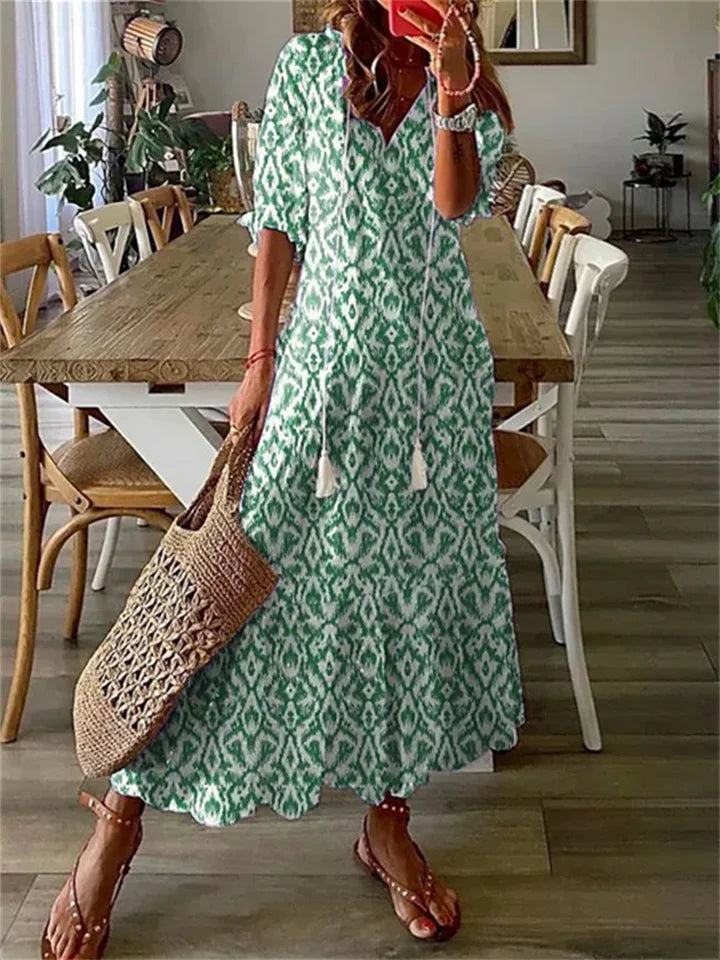 Robe Maxi Élégante avec Imprimé Floral en V