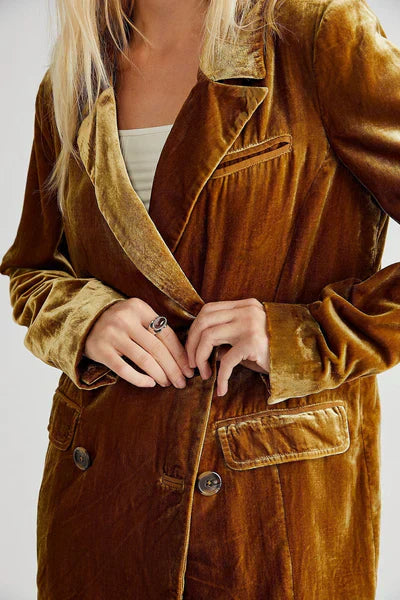 Blazer en Velours Élégant à Manches Longues et Fermeture Boutonnée