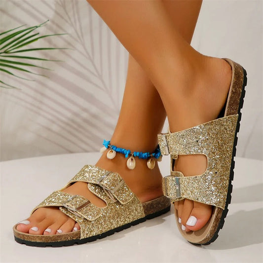 Sandales à Paillettes avec Double Boucle pour Femmes